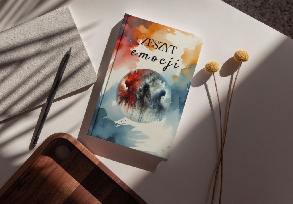 Na białym blacie, leży zeszyt emocji, obok ołówek, kartka papieru, kwiatki.